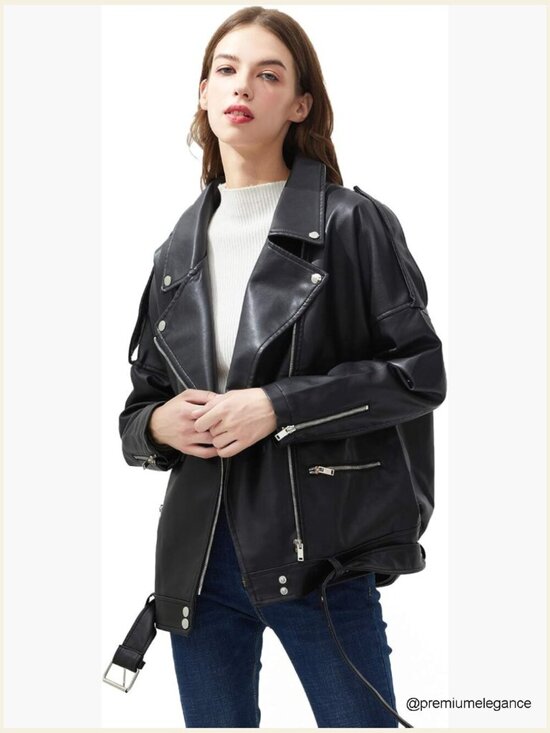 Jackets & Blazers - Faux Leather Motorcycle Jacket with Zipper and Belt